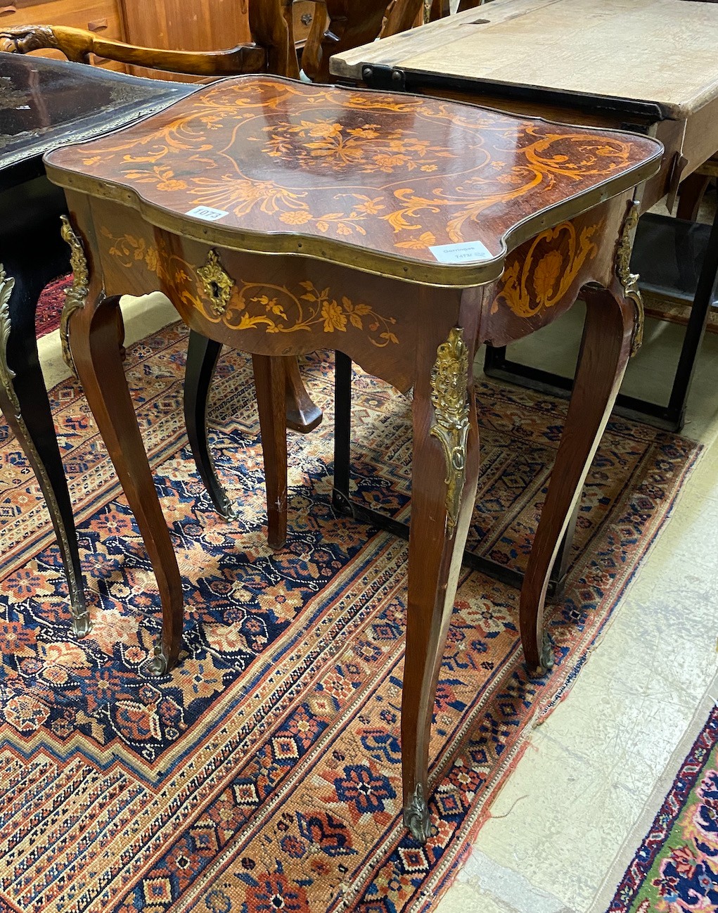 A French marquetry inlaid kingwood gilt metal mounted side table, width 53cm, depth 41cm, height 75cm